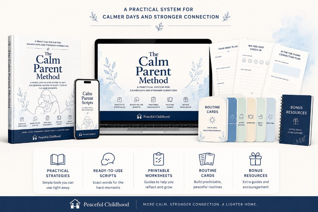 Everything included in The Calm Parent Method — guide, scripts, worksheets, routine cards, tracker and bonus resources