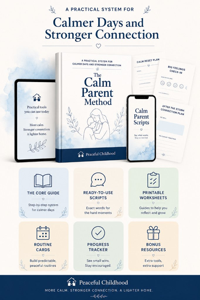 Everything included in The Calm Parent Method — guide, scripts, worksheets, routine cards, tracker and bonus resources